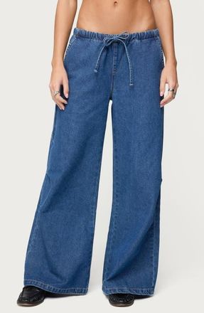 Edikted Vicky Low Rise Wide Leg Drawstring Jeans in Dark-Blue-Washed at Nordstrom, Size X-Small