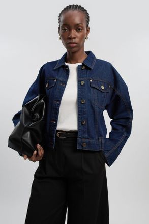 Karen Millen Womens Denim Cropped Jacket - Indigo Blue Cotton - Size 10 UK