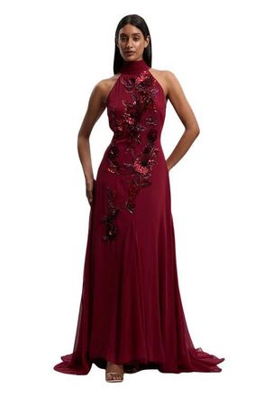 Karen Millen Petite Feather Halter Maxi Dress in Wine at Nordstrom, Size 10