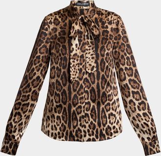 Dolce & Gabbana Neck-Tie Leopard-Print Silk Shirt