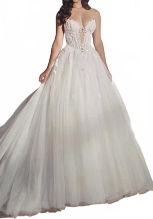 Mon Cheri Ridley Plunging Illusion Sweetheart Neckline Gown In White