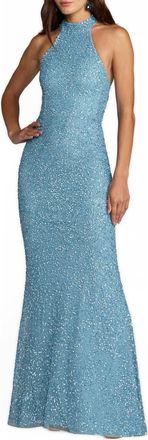 Mac Duggal Halter Neck Open Back Beaded Column Gown in Ice Blue at Nordstrom, Size 12