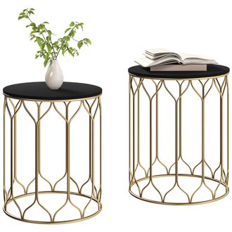 OUTSUNNY Nesting Small Garden Table Set of 2 with Marble Effect Top - Black | TJ Hughes