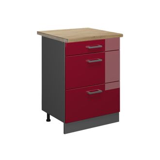 Vicco Mueble Bajo De Cocina R-line, Rojo Burdeos Alto Brillo, 60 Cm Con Cajones, Et Roble Vicco
