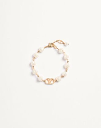Valentino Garavani Bracciale VLogo Signature in Metallo e Perle in Vetro Donna ORO/CREMA M