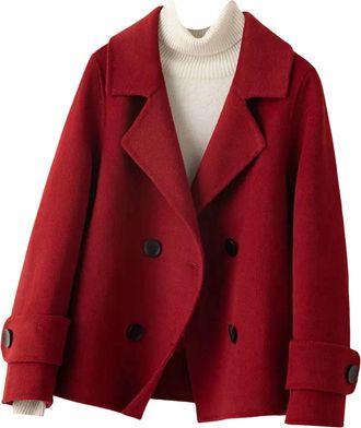 Generic Women Peacoat Double Breasted Wool Blend Jacket Notched Lapel Overcoat Short Cardigan Outwear