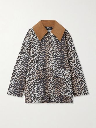 Ganni Giacca In Tela Di Misto Canapa E Cotone Biologico Leopardato Con Finiture In Velluto A Coste - Stampa animalier