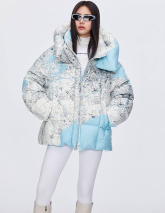 Bosideng Womens BSD X MSGM Oversized Printed Puffer - Blue & White - Size 10 UK