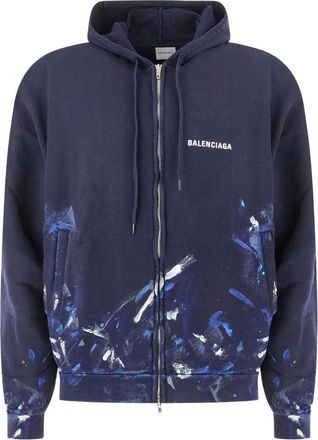 Balenciaga Hoodie met rits en verfspatten- oversized pasvorm - Heren - Sweatshirts & Hoodies - Blauw - Maat: M Katoen