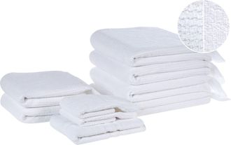 Beliani Conjunto De 9 Toallas De Algod&oacute;n Blanco Rizo Textura Borlas Decorativas Ba&ntilde;o Atiu