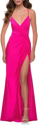 La Femme Neon Pink Jersey Gown with Knot Waist and Lace Up Back in Hot Pink at Nordstrom, Size 00