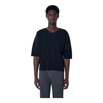 Issey Miyake Tops, Heren, Zwart, L, Polyester, Geplooide Top met Ronde Hals