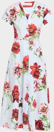 Oscar De La Renta Short-Sleeve Peony-Printed Tea-Length Dress