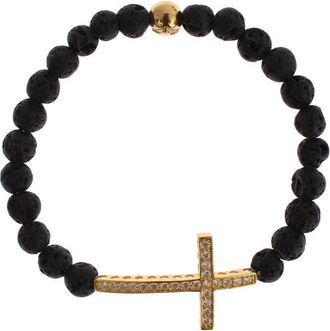 Nialaya Lavasteen Goud Helder CZ Kruis 925 Zilveren Armband