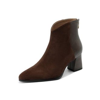 Generic Womens Ankle Boots In Suede-Like Material Pointed Closed Toe Side Zipper Chunky Block Heels Mixed Material Design Soft Lining Durable Outsole,Brown,3.