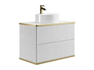 Vente-Unique Mueble de ba&ntilde;o suspendido estriado con ribete dorado y lavabo redondo - Blanco - 80 cm - KELIZA