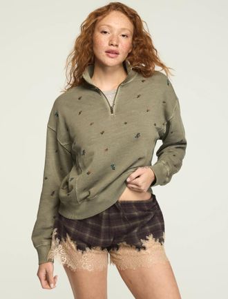 Lucky Brand Womens Embroidered Quarter Zip Pullover