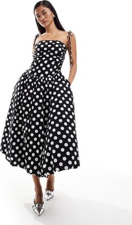 Amy Lynn Alexa shoulder tie midi dress in mono polka dot-Black