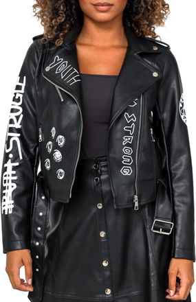 SS7 Womens Faux Leather Graffiti Biker Jacket Rocker Black