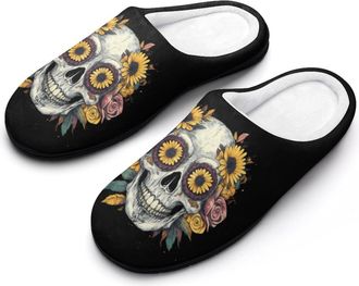 Generic Sugar Skull with Floral Eyes Funny Mens Slippers Cotton Warm House Shoes Memory Foam Sandals Print Size 7-14