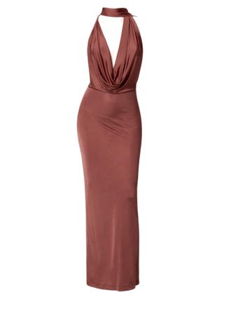 Amazu&igrave;n Fluid Satin Jersey Maxi Dress With Halter Neckline And Draped Detail