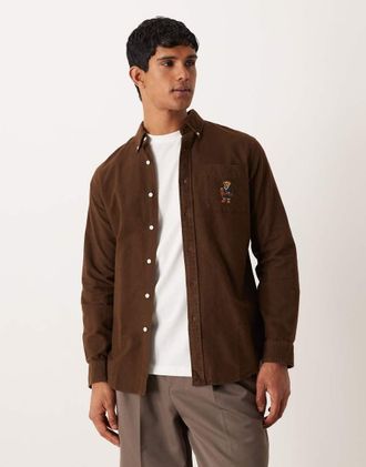 Polo Ralph Lauren Camicia Oxford custom fit marrone spazzolata con logo Bear