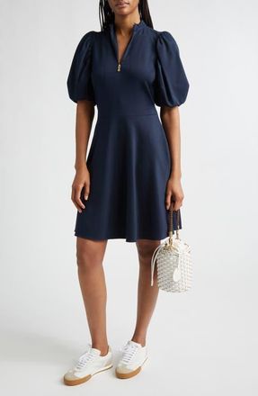 Eleventy Half Zip Puff Sleeve Ponte Knit Dress in 11 Blue at Nordstrom, Size 10 Us