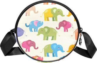 Generic Circle Crossbody Bag for Women, Cartoon Colorful Elephants Small Sling Bag Daypack with Zipper Adjustable Shoulder Straps Casual Ladies Girls Round Pu