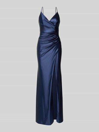 Luxuar Fashion Maxikleid aus Satin mit Drapierungen und Gehschlitz in Dunkelblau, Gr&ouml;&szlig;e 32