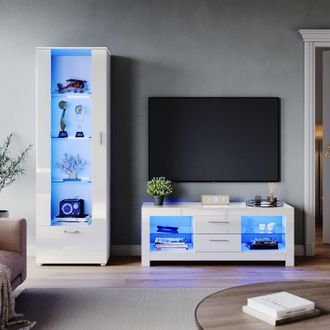Elegant Lighting Modern High Gloss Living Room Set with rgb led Lights Display Cabinet Storage Unit + 1300mm tv Stand Cabinet White Furniture Set 5 - Elegant