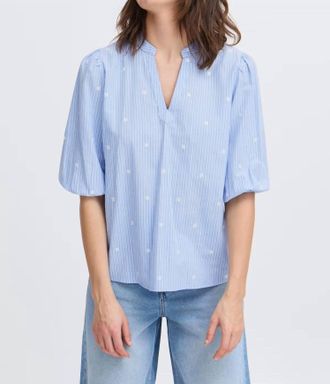 b.young Elbow Sleeve Split Neck Blouse In Blue Horizon