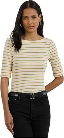 Lauren Ralph Lauren Metallic Striped Boatneck T-Shirts Womens Clothing Mascarpone Cream/Gold Metallic : MD, Cotton/Elastane/Nylon