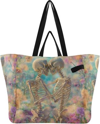Generic Flower Skeleton Turquoise pattern Reusable Canvas Tote Bag, Heavy Duty Grocery Shopping Bag with Large Capacity Double Handles Hard Bottom Work Grocer