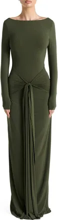 Naked Wardrobe Tie Waist Long Sleeve Maxi Dress in Dark Olive at Nordstrom, Size Small
