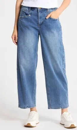 Democracy High Waist Crop Barrel Leg Jeans in Mid Blue Artisinal at Nordstrom Rack, Size 16P