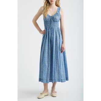 D&ocirc;en Ditsy Floral Organic Cotton Smocked Midi Dress in Blue Garden Bloom at Nordstrom, Size X-Large