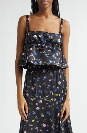 sacai Floral Print Crop Satin Camisole in Black at Nordstrom, Size 1