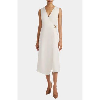 Santorelli Ursa Sleeveless Faux Wrap Dress with Metal Buckle in Stretch Crepe in Sandstone at Nordstrom, Size 6
