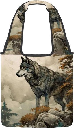 Generic Landscape Painting Wolf Reversible Canvas Shoulder Tote - Double-Sided Print, 12oz Cotton, 27cm Drop, Fold-Flat Bag for Travel, Shopping, Street Outin