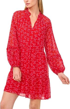 CeCe by Cynthia Steffe Mini Dress Women Red Bow Print Balloon Sleeve V-Neck Babydoll RED200