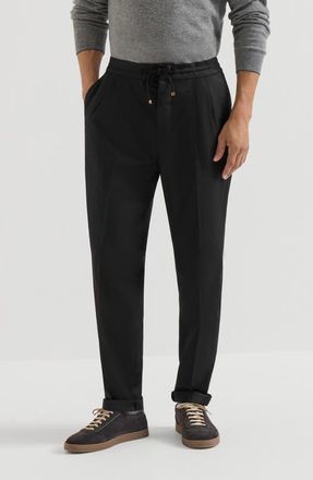 Brunello Cucinelli Virgin wool flannel trousers with drawstring and double pleats in Black at Nordstrom, Size 52