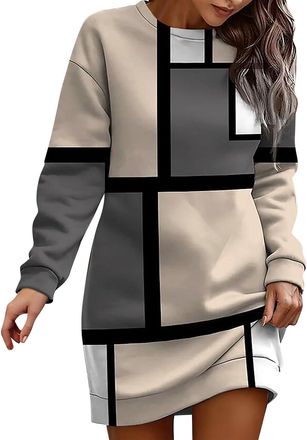 Generic VEMOW Womens Sweatdress Geometric Print Crew Neck Long Pullover Sweatshirts Dress Spring Autumn Long Sleeve Tunic Dress Loose Casual Mini Dress(Beige,