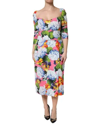 Dolce & Gabbana Womens Multicolor Floral Pleated Sheath Midi Dress Viscose Elastane