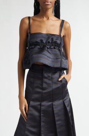 sacai Stripe Satin Crop Camisole in Black/Navy at Nordstrom, Size 1