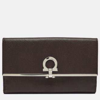 Ferragamo Brown Leather Gancini Icona Continental Wallet