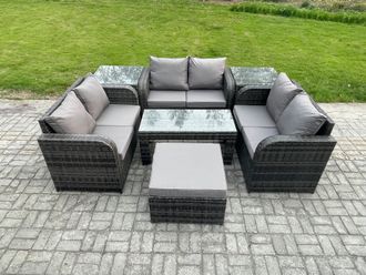 Fimous 7 Seater Rattan Garden Furniture Set Indoor Outdoor Patio Sofa Set with Coffee Table Love seat Sofa 2 Side Tables Big Footstool Dark Grey Mixed