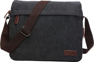 Generic Solid Color Vintage Canvas Messenger Bag With Buckle, Casual And Portable Simple Mens Shoulder Bag(Black Large)