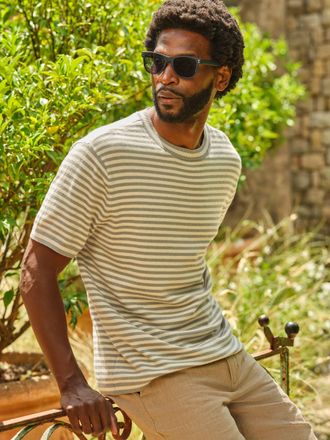 Fat Face FatFace Rye Dusky Green Stripe Knitted T Shirt