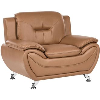 Beliani Armchair Golden Brown Vegan Eco Leather Pillow Top Arms Silver Metal Legs Easy Clean Modern Glam Style Living Room LEIRA