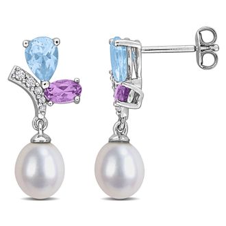 Mimi & Max 6.5mm Cultured Freshwater Pearl 1 3/5ct TGW Sky Blue & White Topaz Rose de France Earrings Sterling Silver